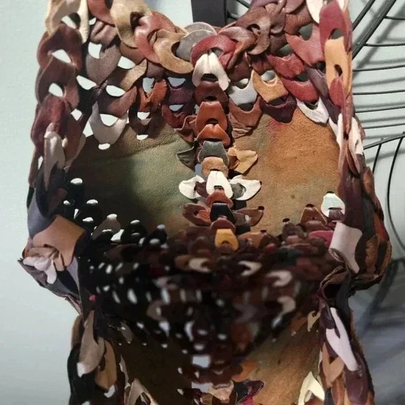 Vintage 70's | Slouchy Hippie Boho Leather Earthy Tones Chain Patchwork Handbag - Picture 2 of 14